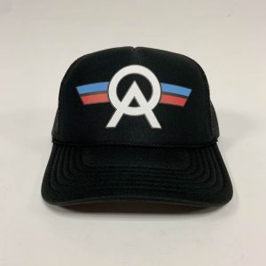 front view of aviator logo on a mesh back foam trucker hat