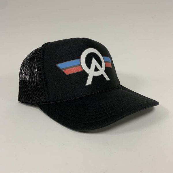 side view of aviator logo on a mesh back foam trucker hat