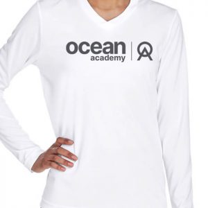 front of women's ocean academy ambassador logo sun shirt in white