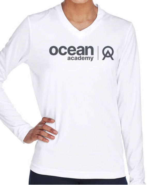 front of women's ocean academy ambassador logo sun shirt in white